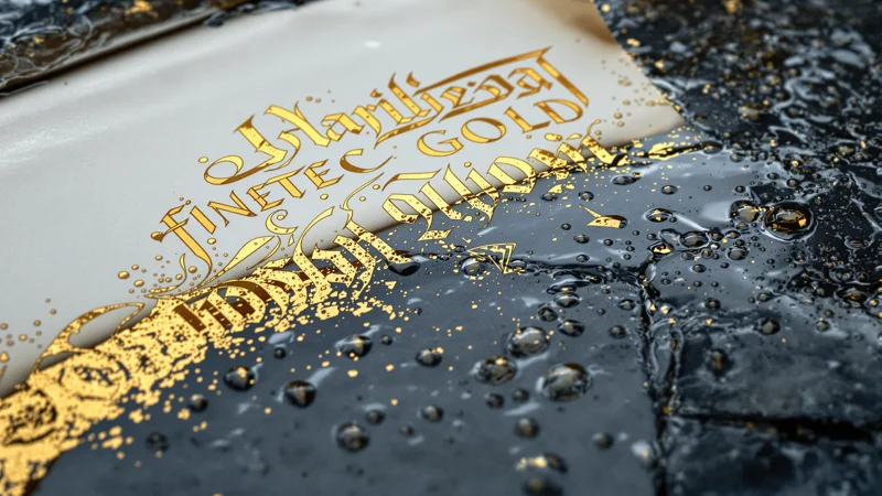 Gold lettering on a dark wet surface with rain damage visible, ink and gold dissolving