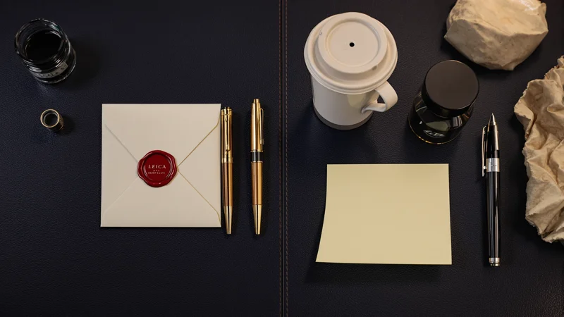 Flat lay on dark leather — wax-sealed ivory envelope, gold pens, ink bottle, blank notecard, and coffee cup