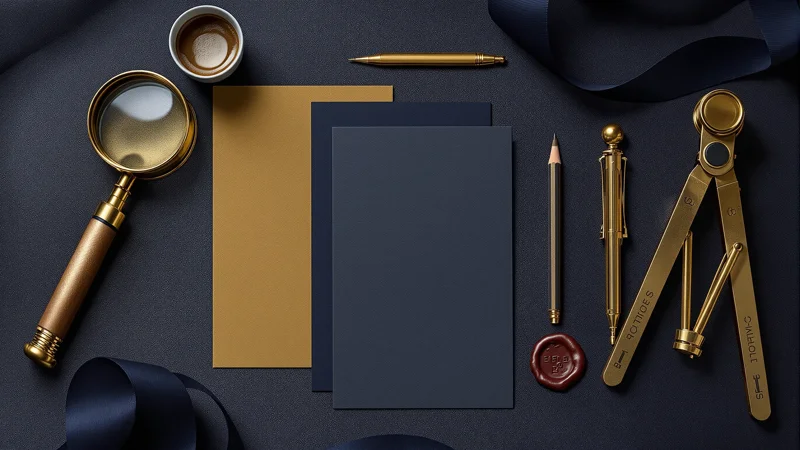 Flat lay of precision instruments on dark navy surface — magnifying glass, compass, gold pens, wax seal, and ribbon