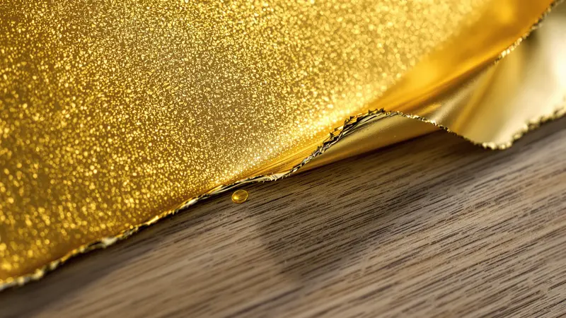 Gold leaf peeling off a wood surface, revealing cheap material underneath, warm close-up lighting