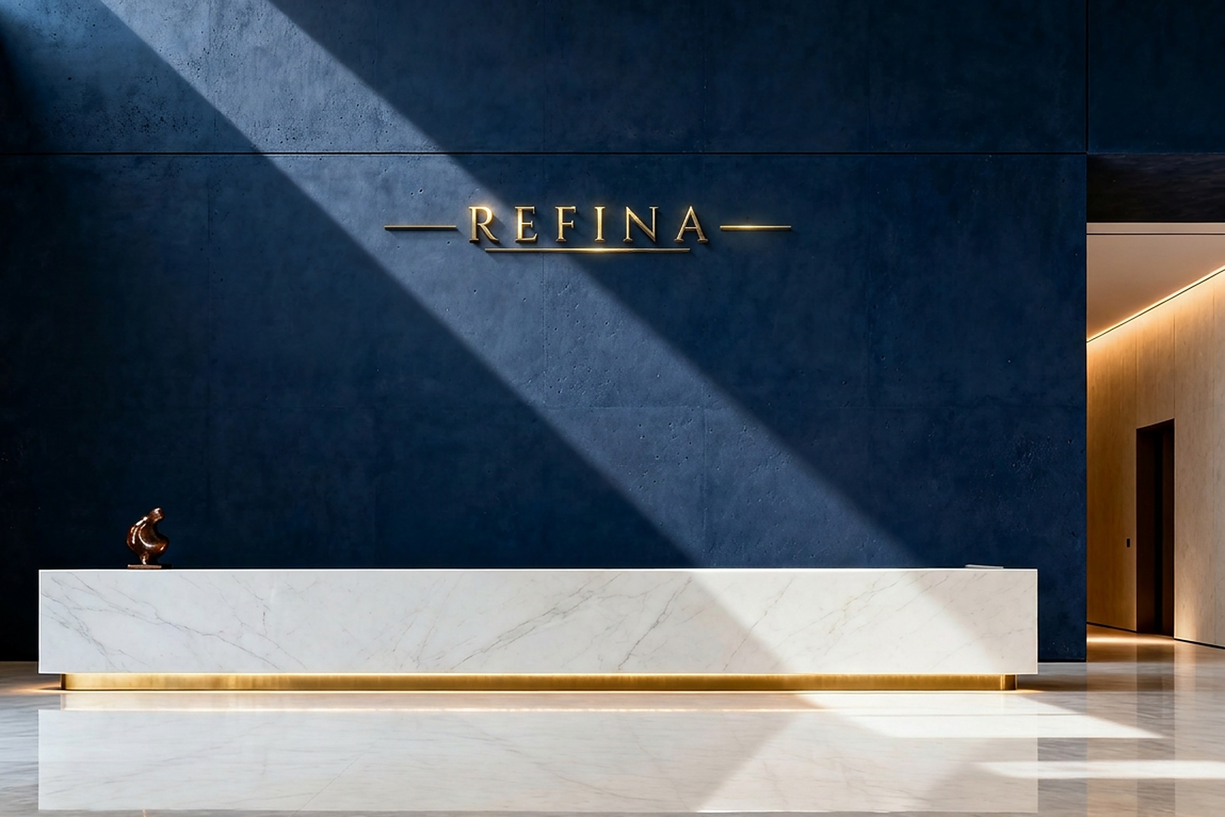 Gold Refina wordmark on a navy reception wall above an ivory marble desk, Refina Dubai