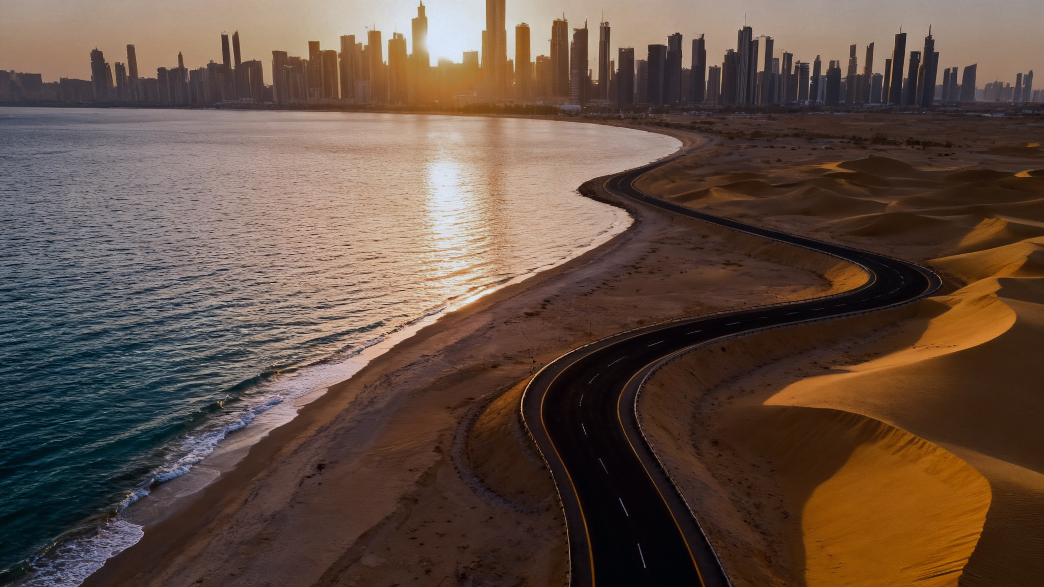 Winding coastal road curving toward the Dubai skyline at sunset, navy sky over gold dunes and teal water