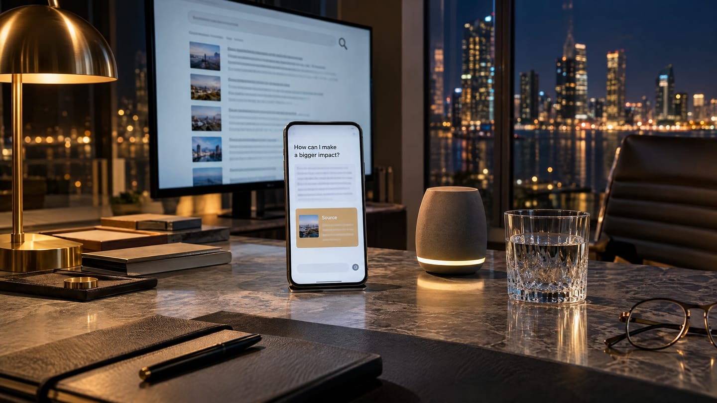 A smartphone with a conversational answer, a smart speaker and a search layout on a display.
