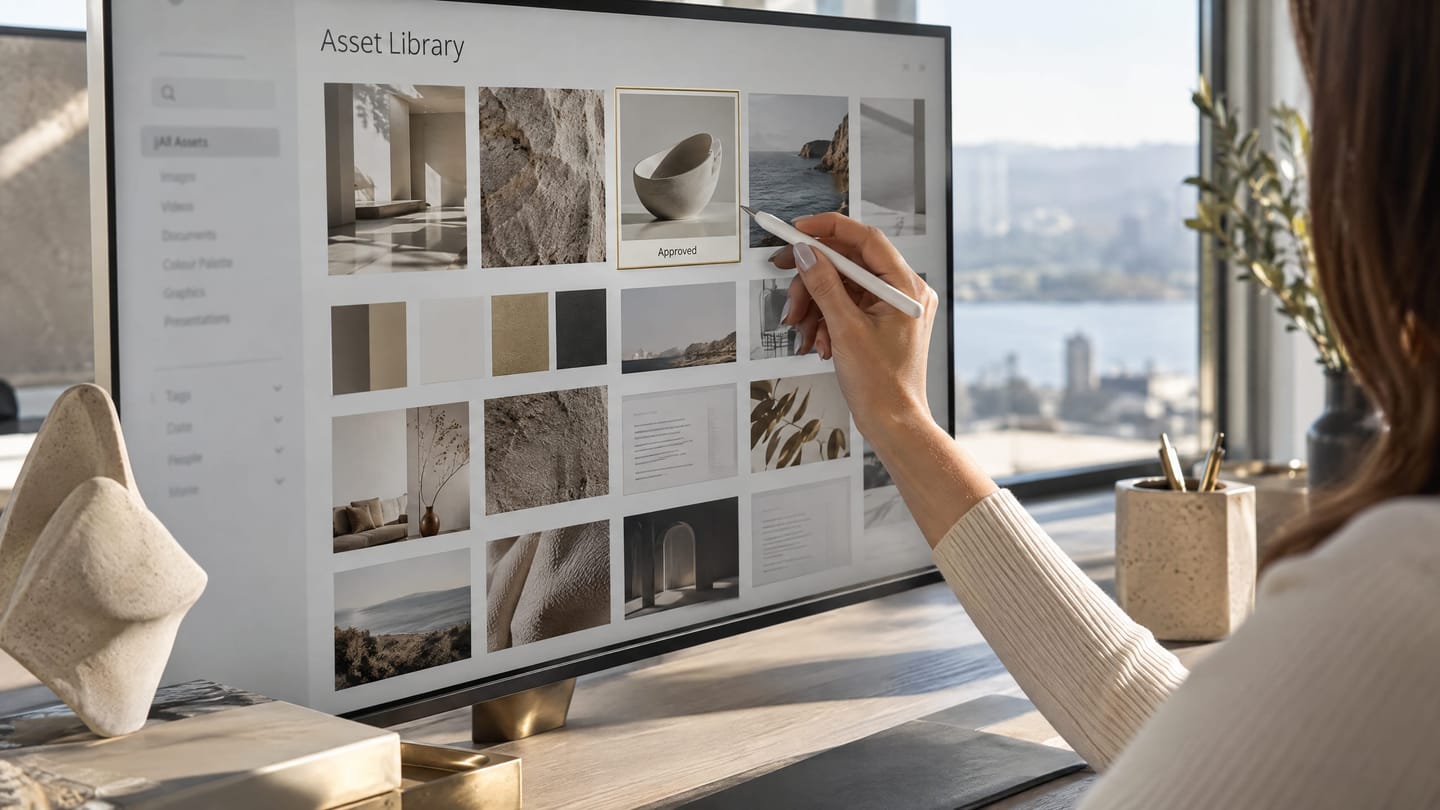 A governed brand asset library shown as a precise grid on a large screen.