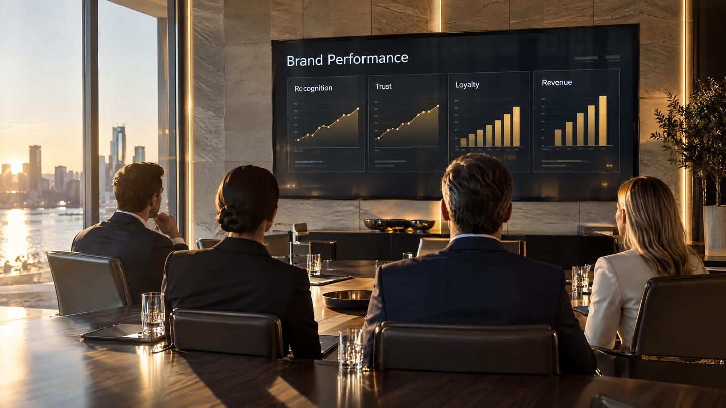 A leadership team reviewing a brand performance dashboard on a large display.