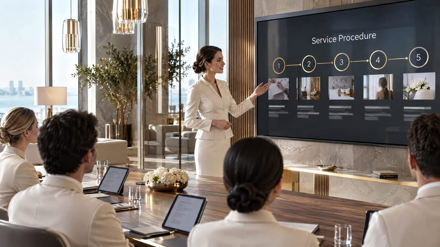 A trainer presenting a process flow to a hotel team in a modern training studio.