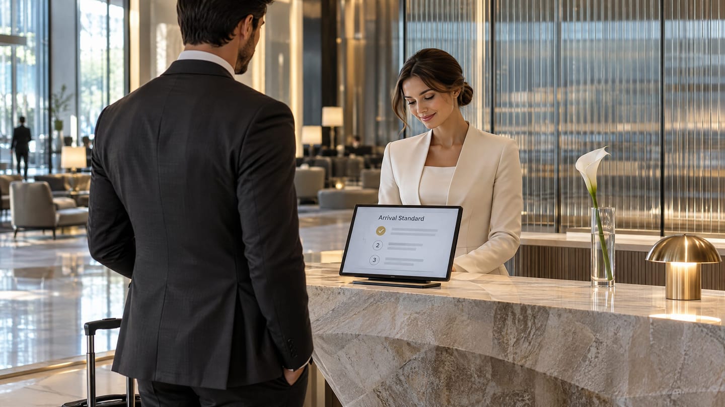 A frontline host consulting a short arrival standard on a tablet while welcoming a guest.