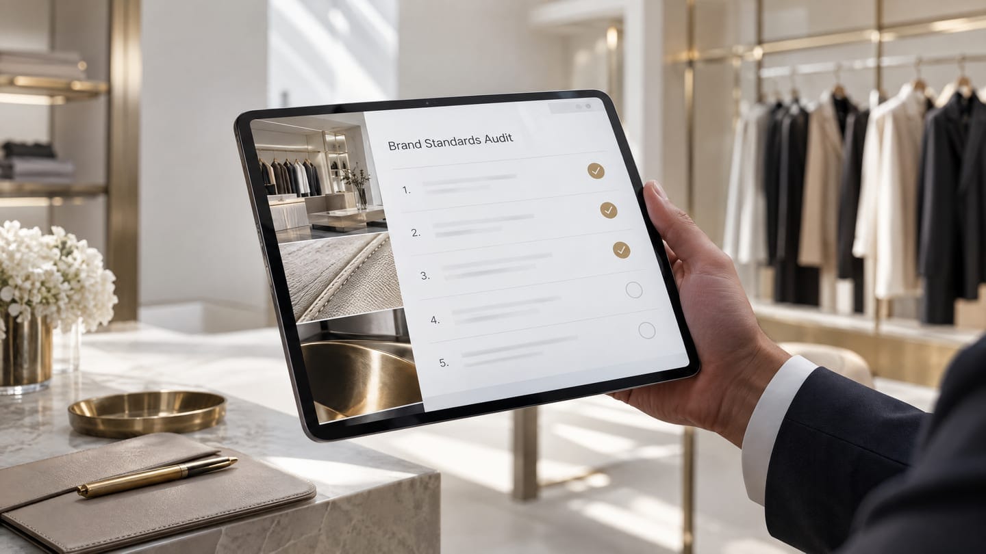 A manager holding a tablet that shows a brand standards audit checklist inside a luxury boutique.