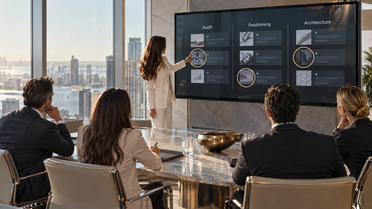 A leadership team reviewing their current strategy on a display with contradictions circled in gold.