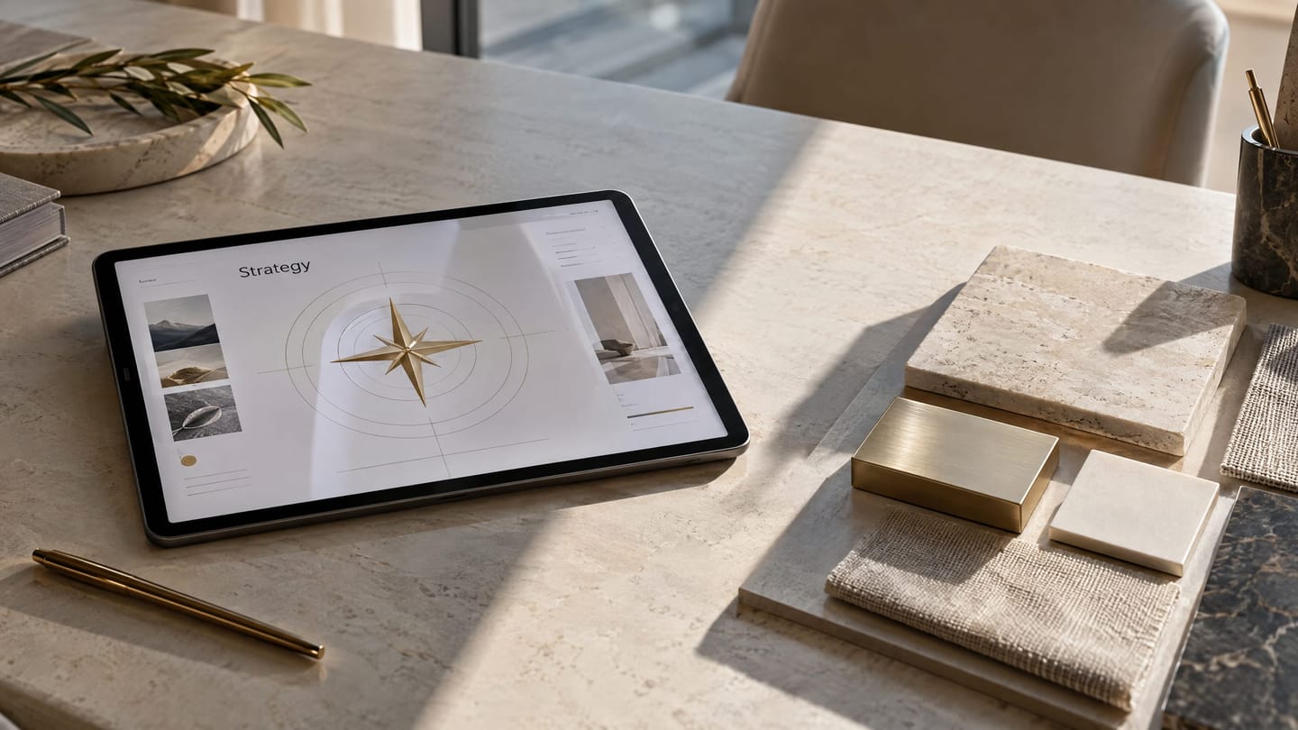 A desk divided between a strategy diagram on a tablet and identity material samples.