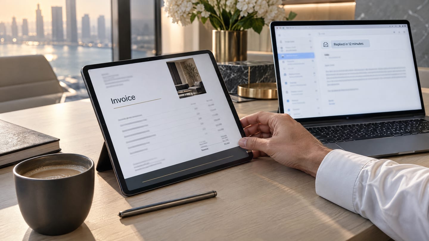 A tablet showing a client invoice beside a laptop with an email marked as replied in twelve minutes.