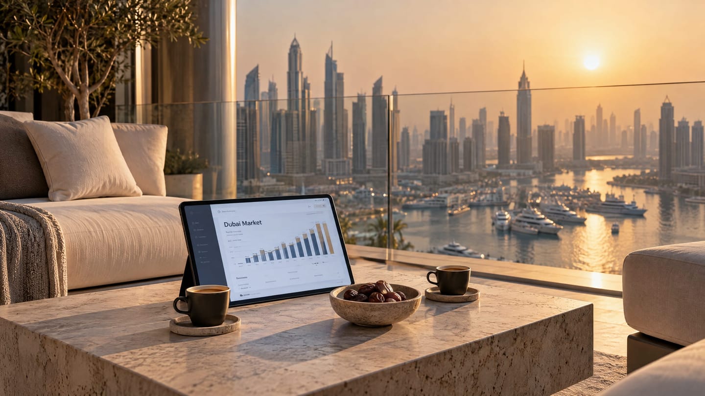 A terrace meeting table with a tablet overlooking a waterfront skyline at golden hour.