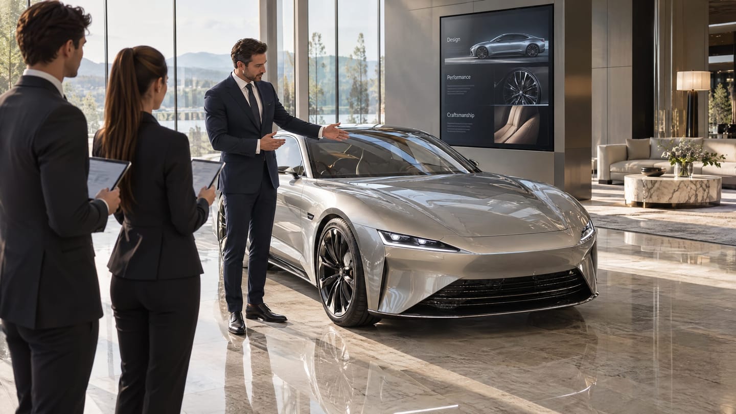 A trainer demonstrating a welcome standard to two trainees beside a luxury coupe.