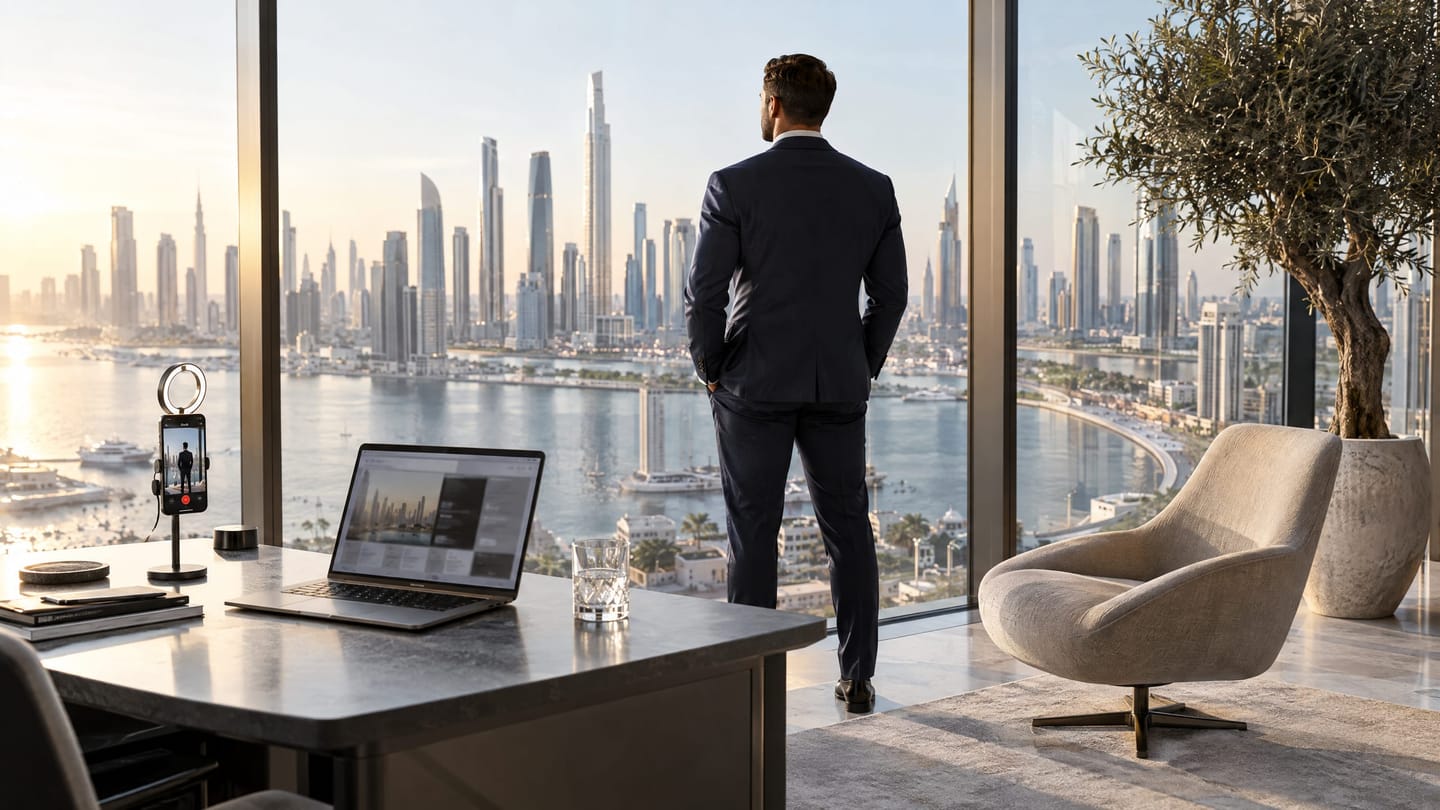 A founder in a corner office preparing to record a short video.
