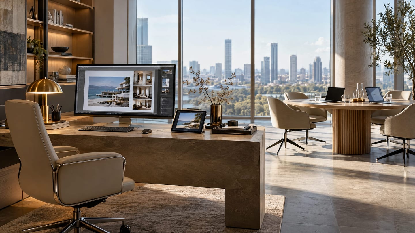 An office with an in house design desk beside a meeting table for agency partners.