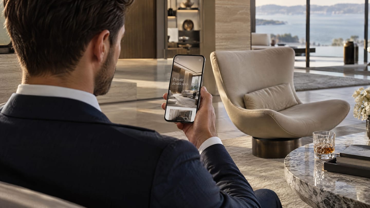 A visitor comparing a brand's physical showroom against its website on a tablet, side by side.
