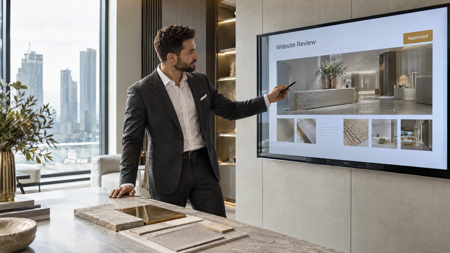 A digital team reviewing a continuous content and performance audit dashboard on a large screen