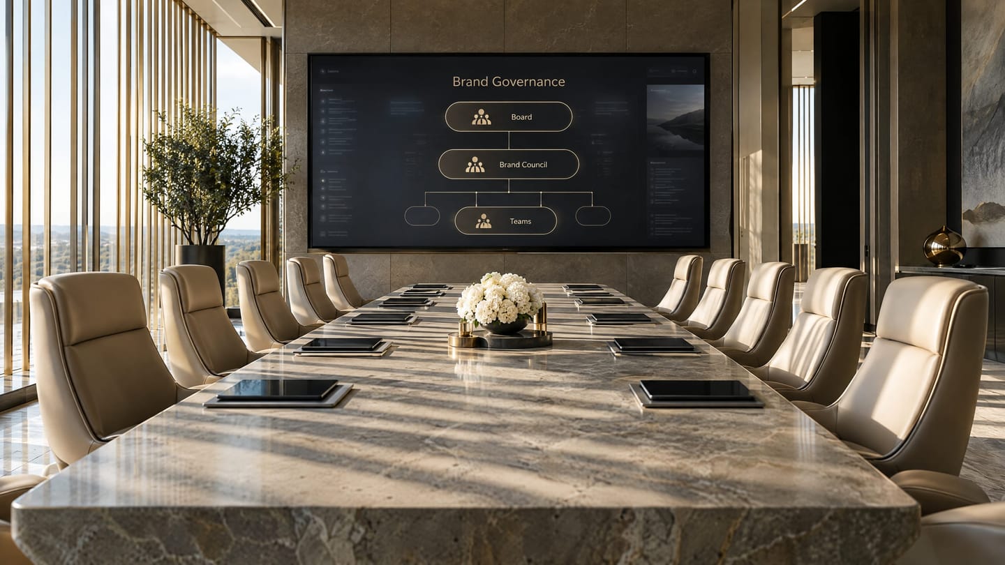 A contemporary boardroom prepared for a brand governance review.