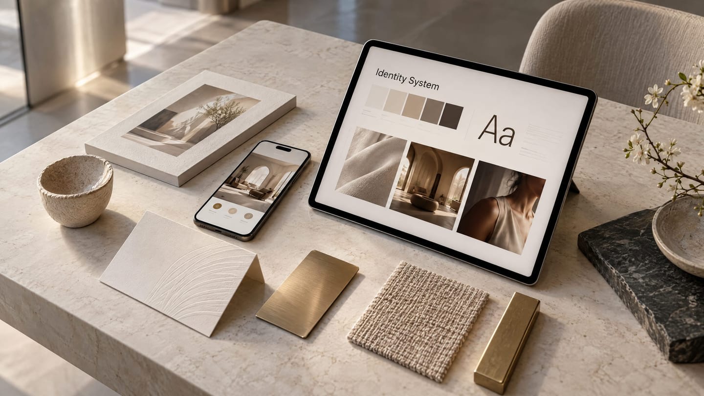 A luxury visual identity system laid out across a key card, stationery, devices and material samples.