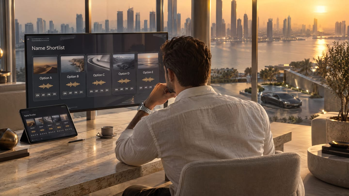 A strategist reviewing a name shortlist on a large display in a high rise naming studio.