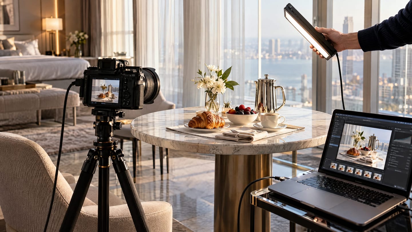 A brand photography shoot in a hotel suite with a tethered camera and LED light.