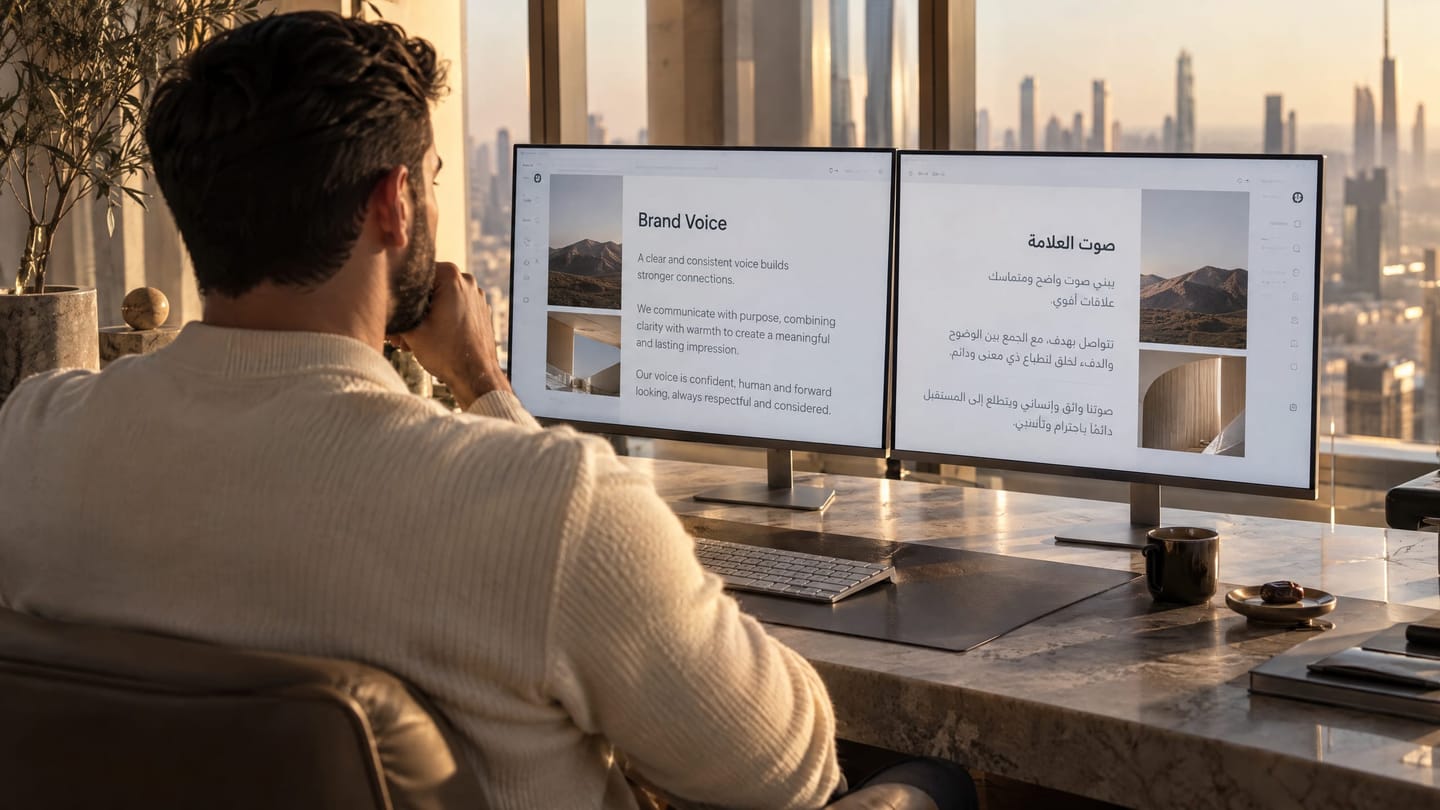 A copy studio with two displays showing mirrored bilingual text layouts.