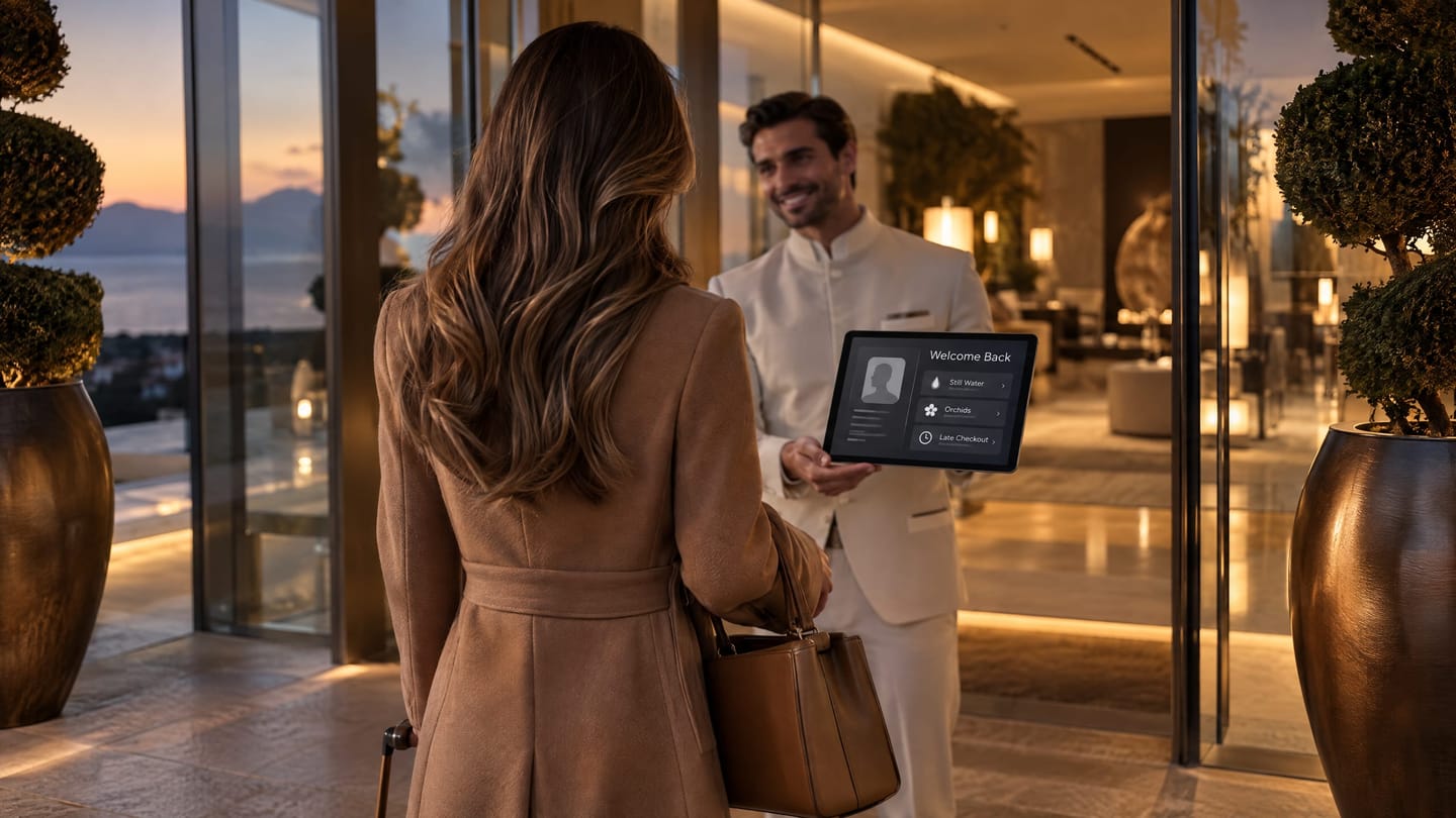 A host welcoming a returning guest at a boutique hotel entrance with a tablet in hand.