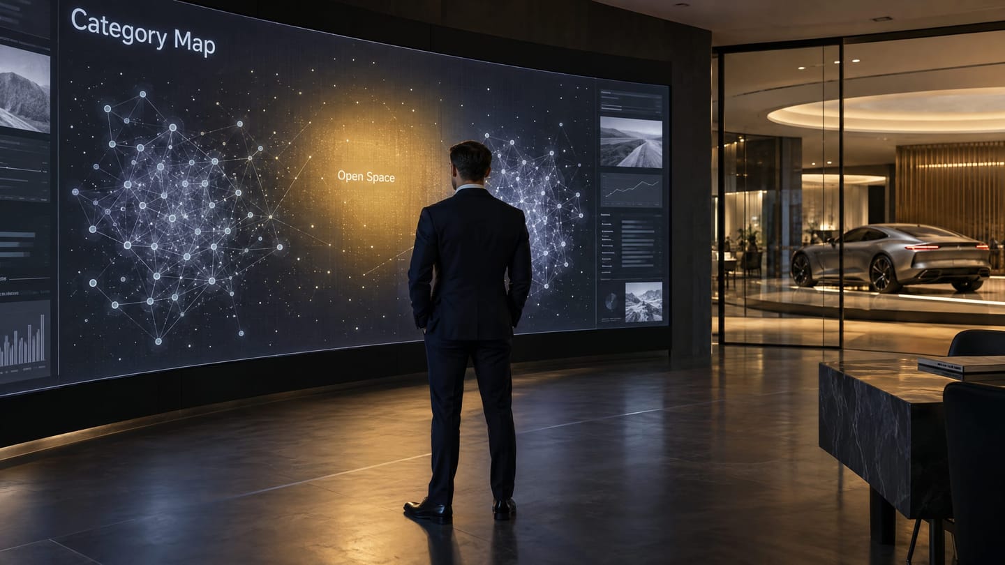 An analyst studying a category landscape on a curved display wall beside a showroom.