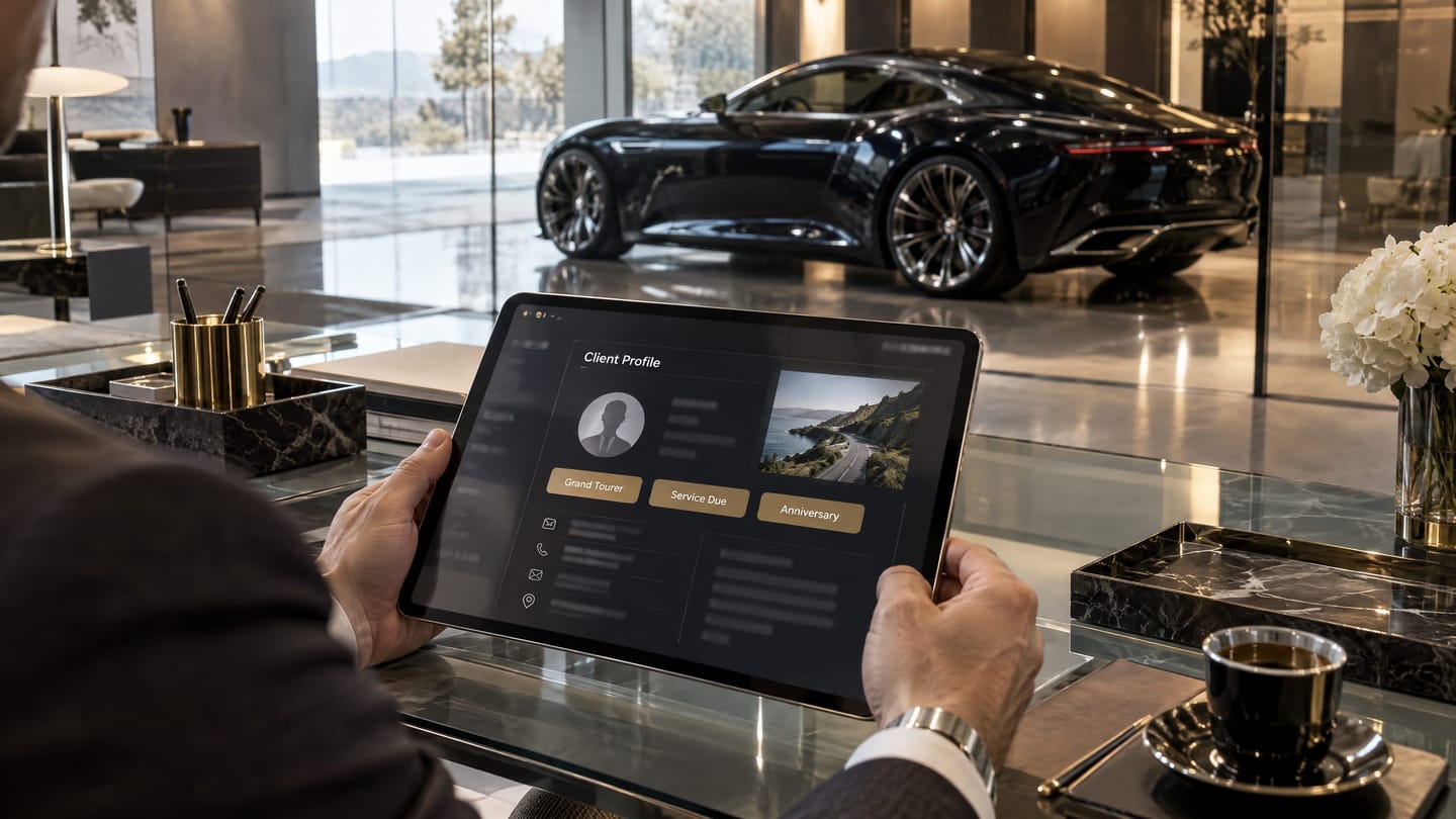 A client advisor's tablet showing a client profile beside a showroom.
