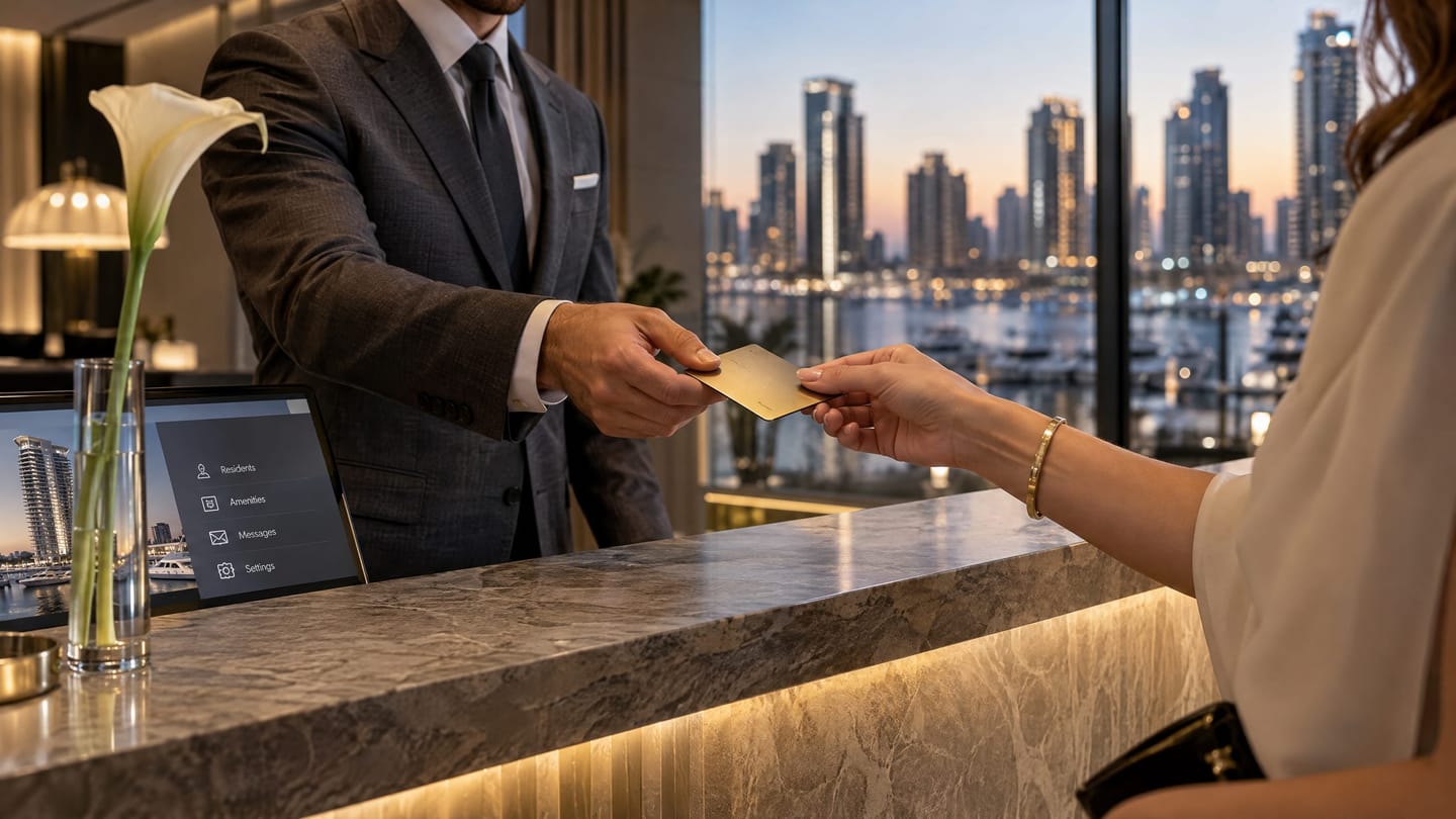 A concierge passing a digital key card to a resident in a luxury residence lobby.