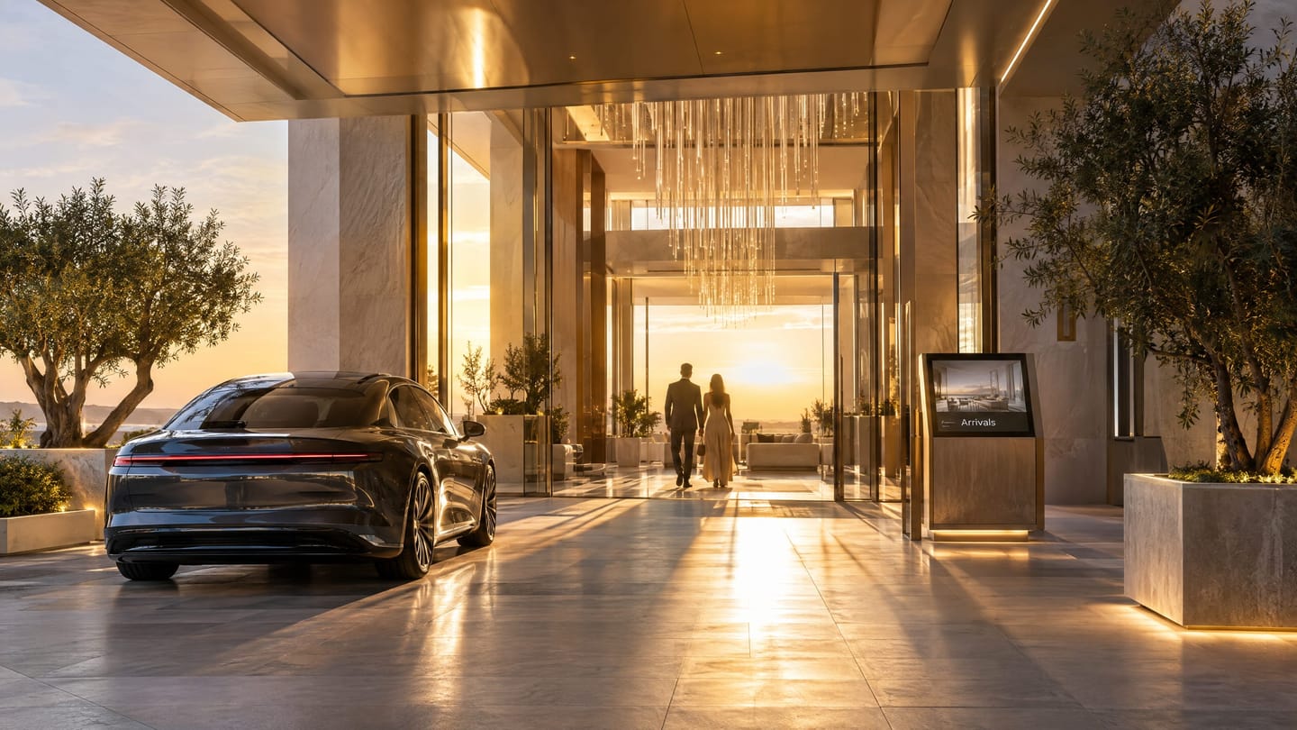 A hotel arrival sequence from the entrance canopy through glass doors into the lobby.