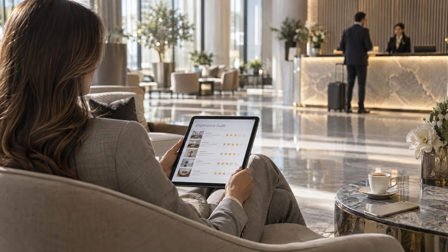An independent auditor quietly observing service from a residence lobby lounge.