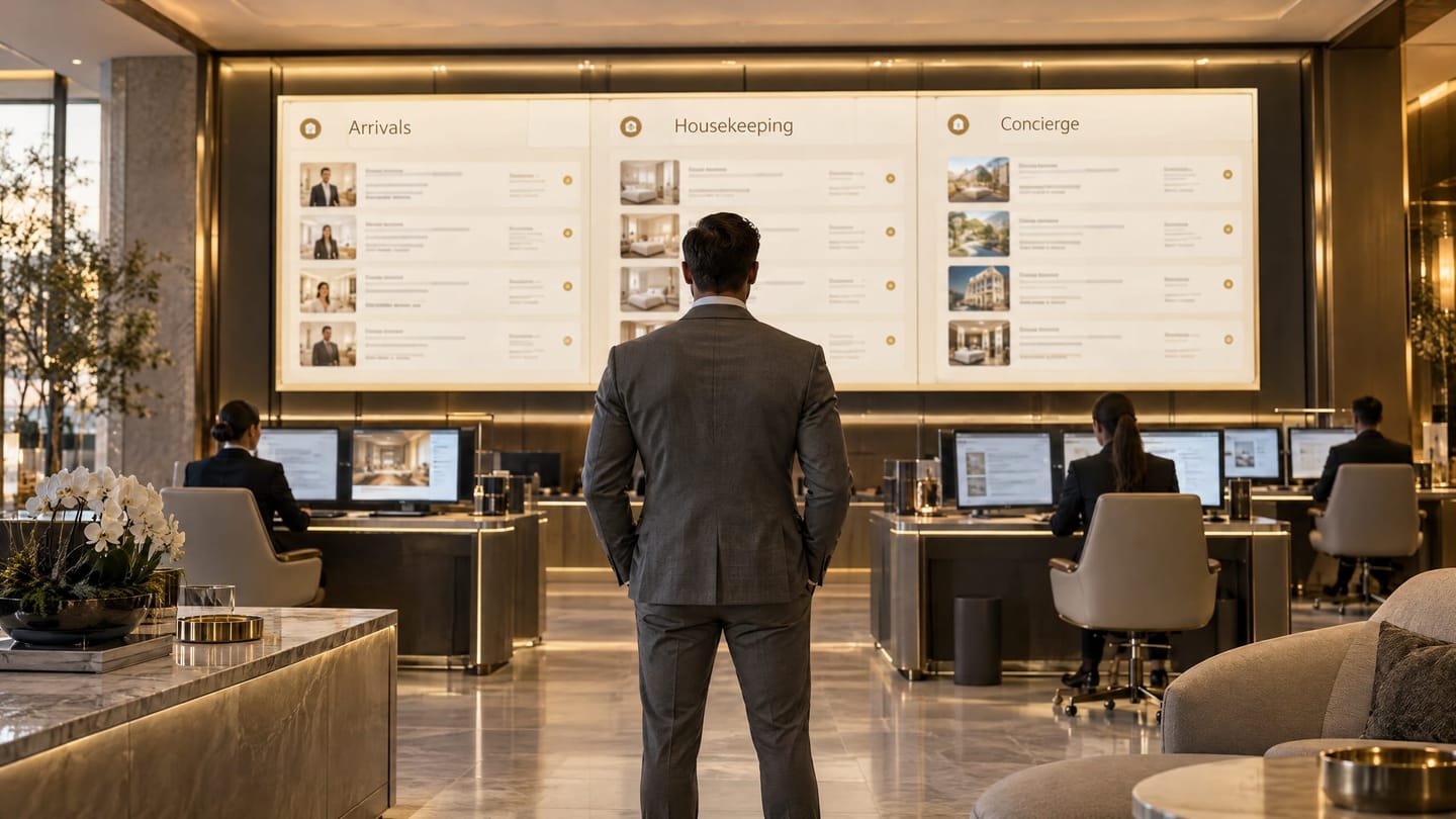 An operations manager reviewing live flow lanes on a display wall behind a hotel.
