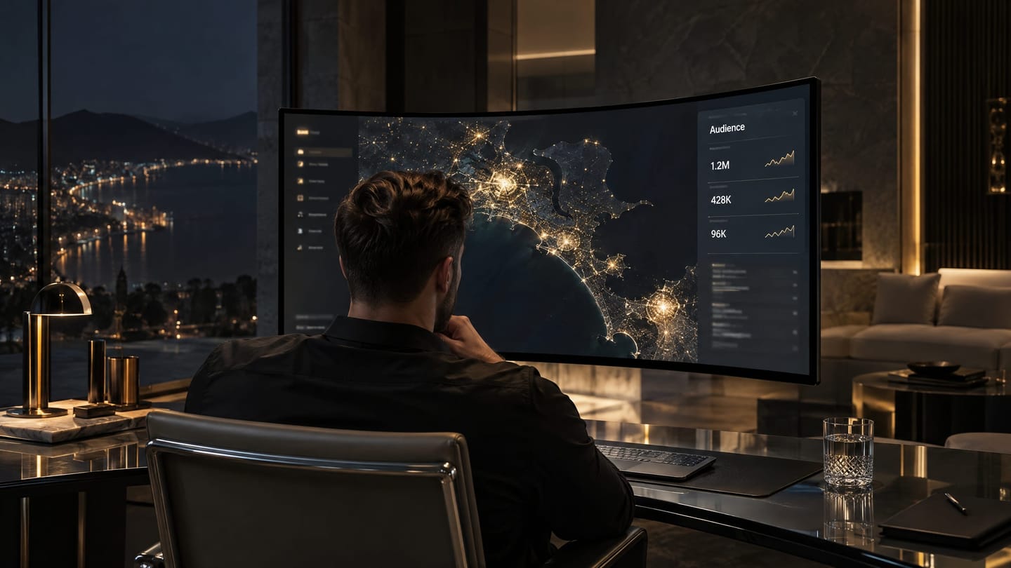 A media planner reviewing a geospatial audience map on a curved display.