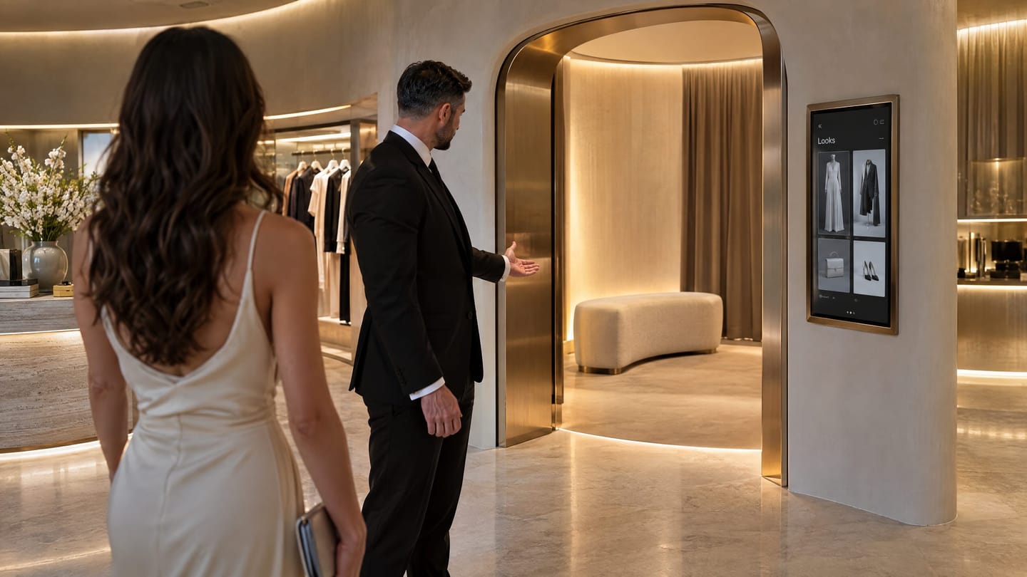 A stylist inviting a client into a private fitting suite in a contemporary boutique.