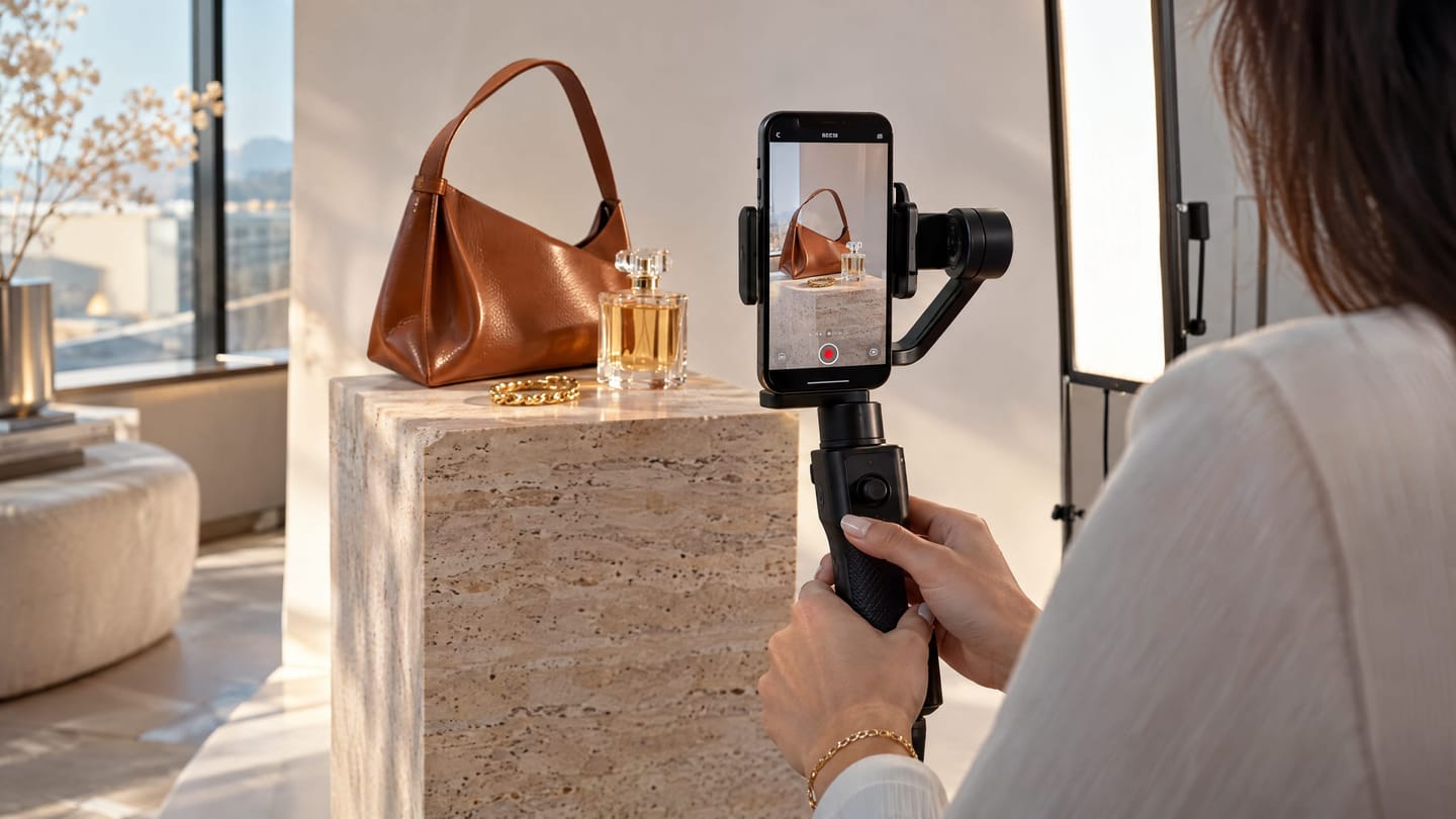 A vertical video shoot of luxury accessories on a travertine plinth.