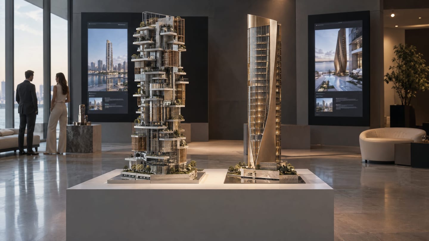 Two scale models of one tower contrasting a crowded design with a restrained one.