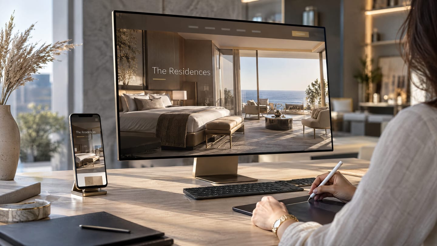 A designer refining a luxury website layout across a large display and a smartphone.