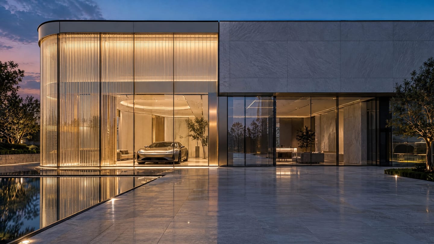 A showroom facade at dusk shown half renewed and half in its earlier finish.