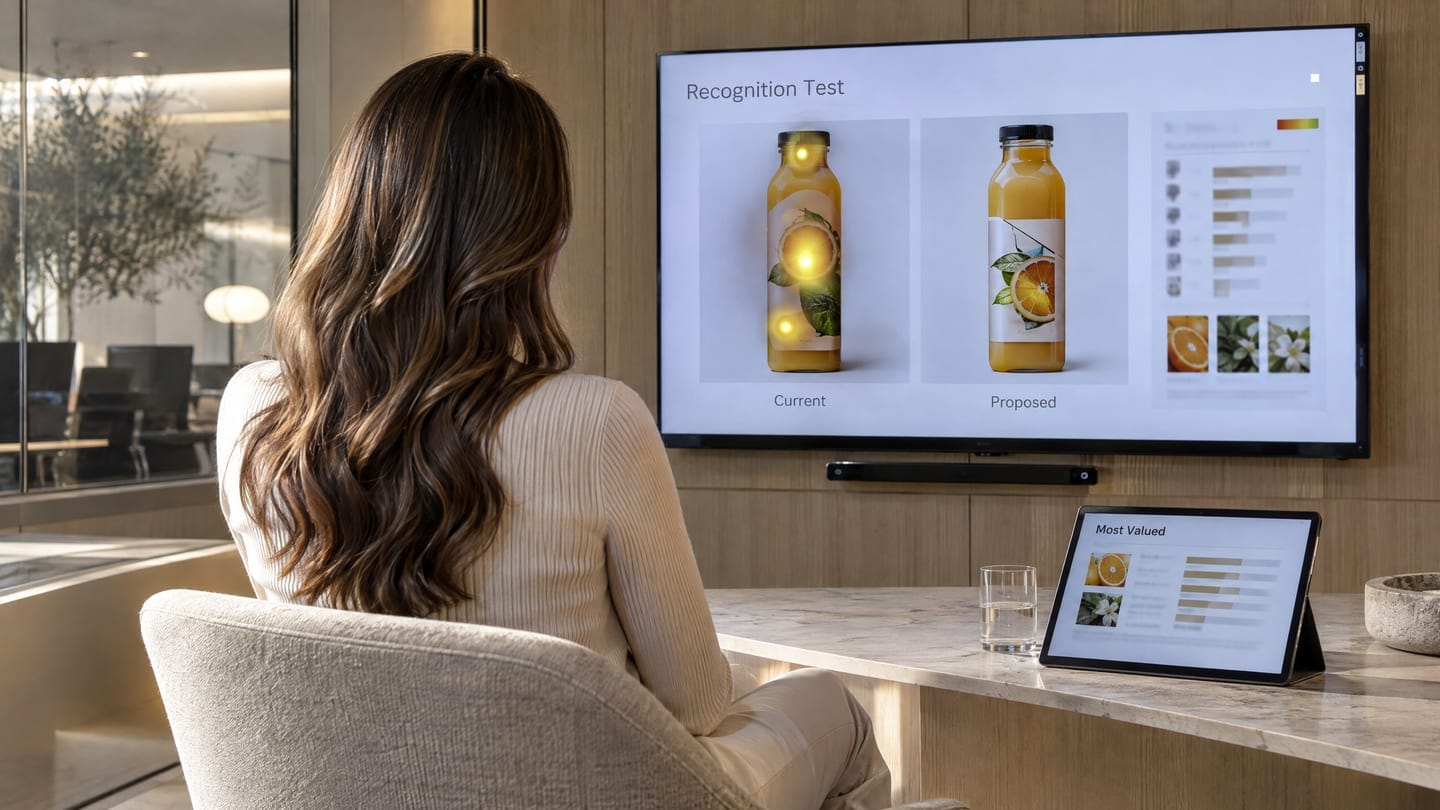 A consumer research session with an eye tracking heatmap over two package designs