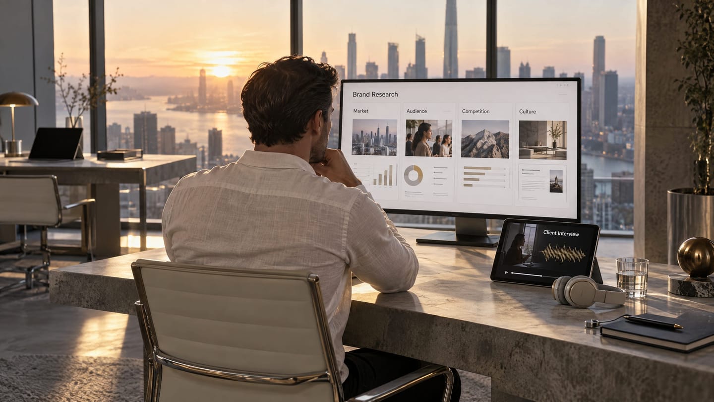 A research analyst reviewing a brand research dashboard in a modern studio before any design begins.