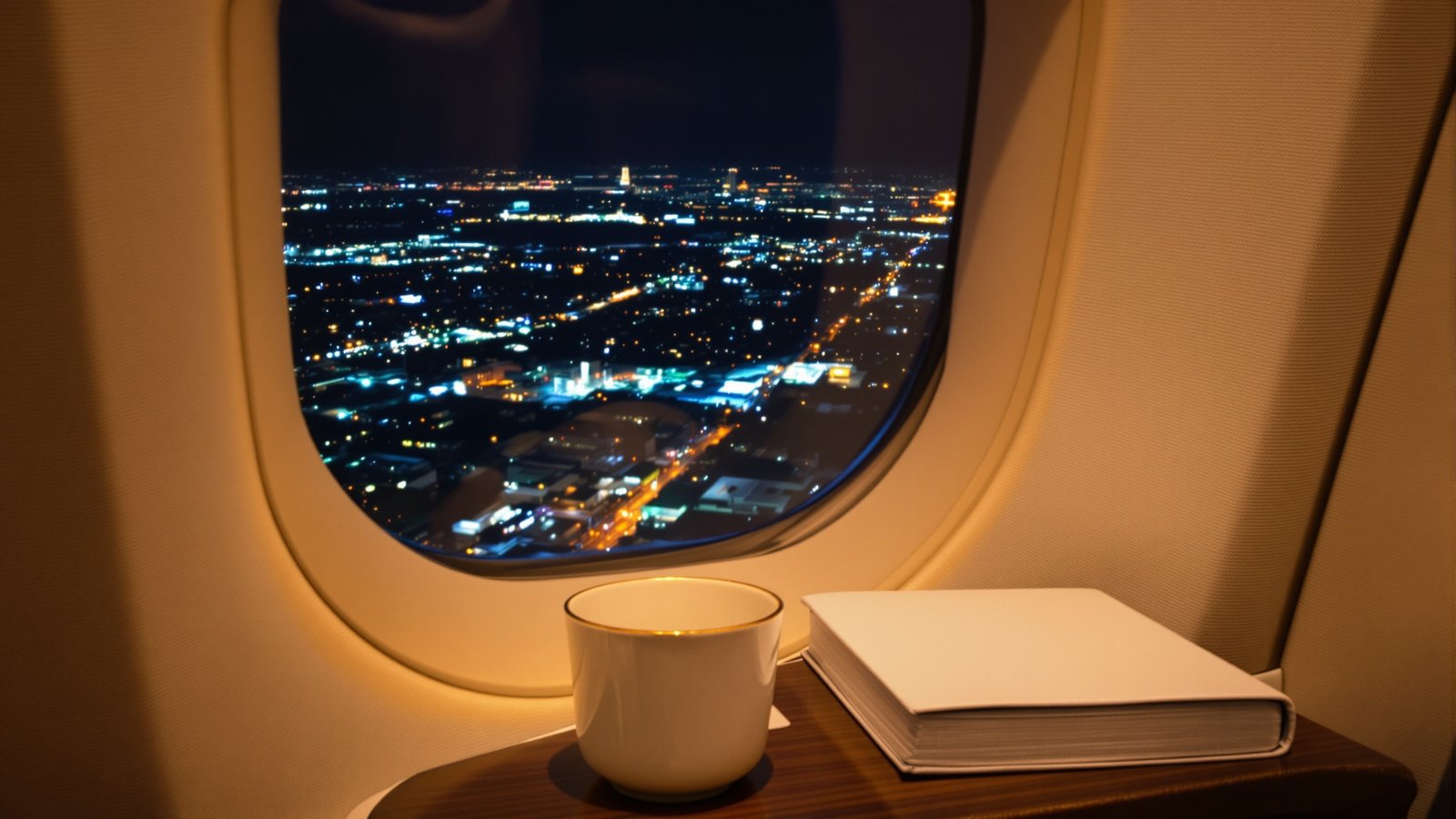 View from an airplane cabin window at night with a bone china coffee cup on the tray table and city grid far below
