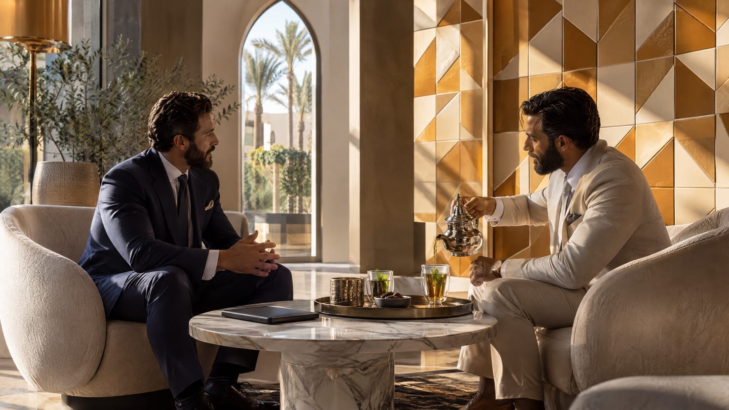 Two business associates sharing tea before a meeting in a North African market, the relationship preceding the transaction