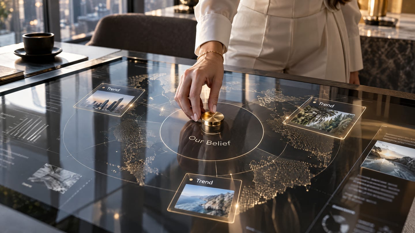 A gold marker set at the centre of a touch table, with small trend tiles around its edges
