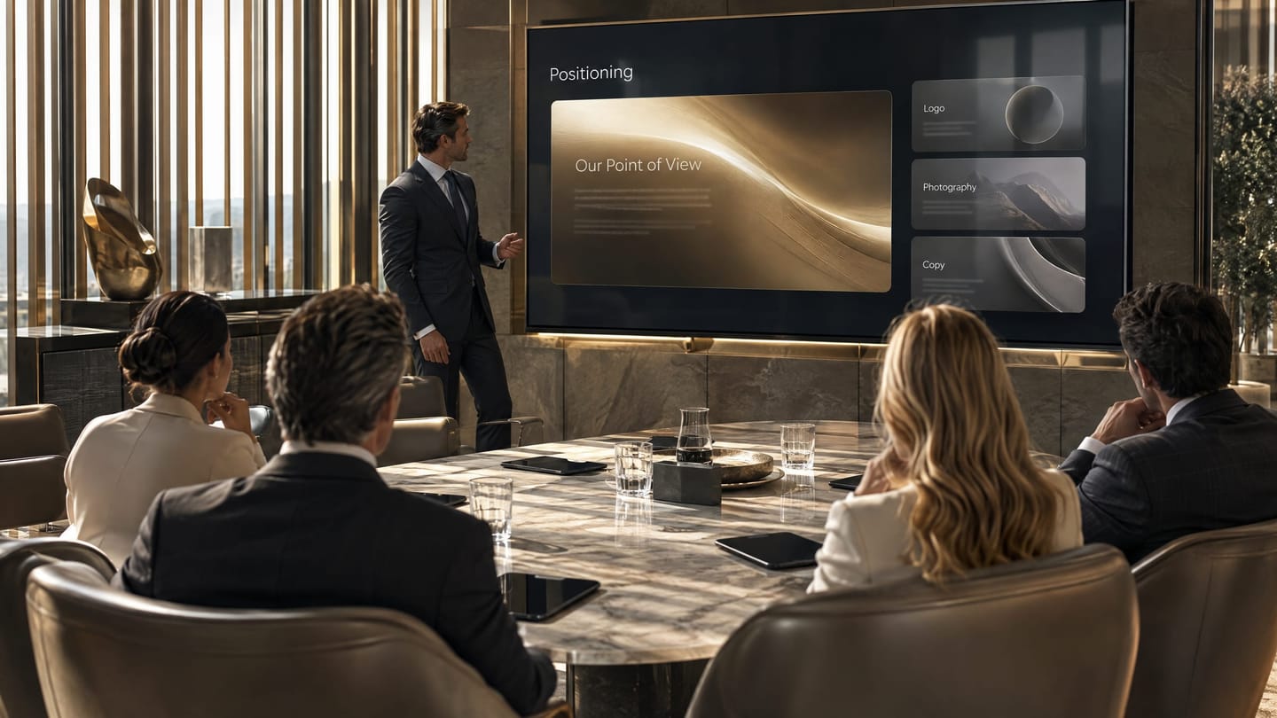 A positioning strategist reworking a brand hierarchy diagram against a backdrop of layered luxury signifiers.